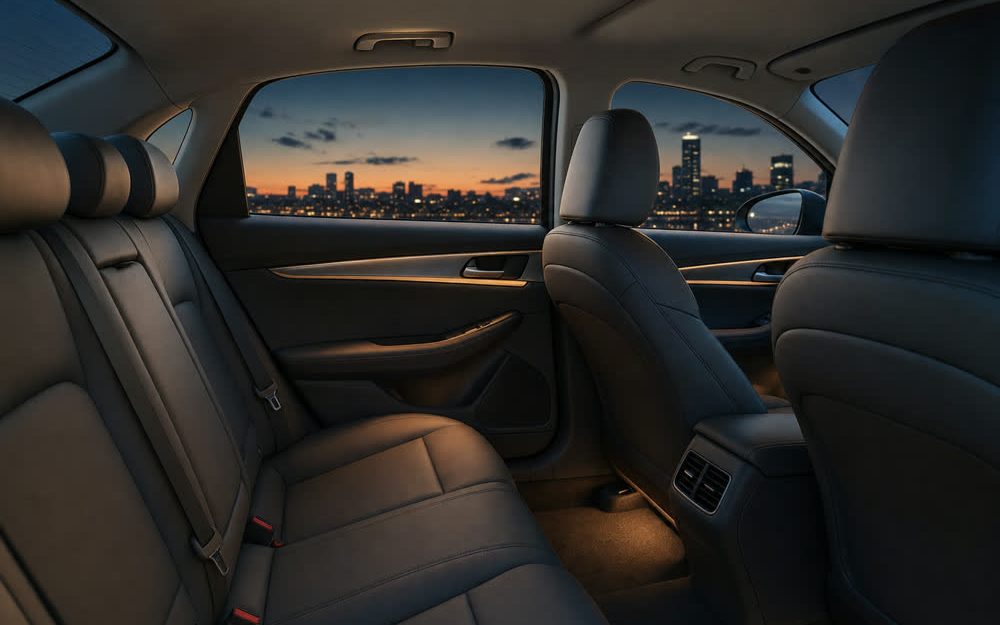 A tidy, air-conditioned comfort-class vehicle interior with leather seats