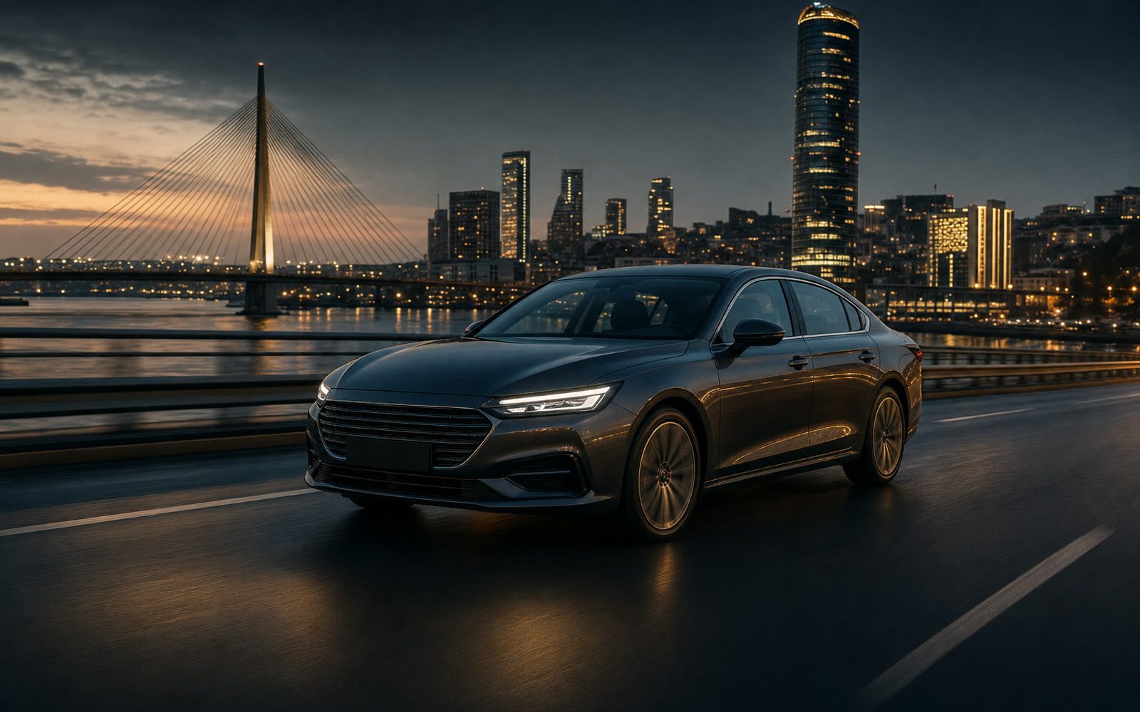 A dark comfort-class sedan on a highway with the Belgrade skyline and a bridge pylon at dusk