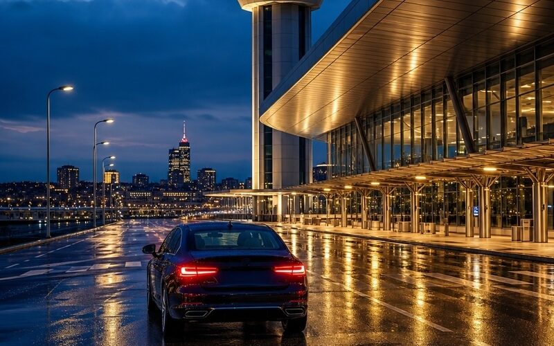 A car leaving the airport terminal towards Belgrade at blue-gold dusk