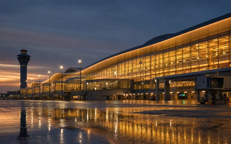 A modern airport terminal and control tower at dusk