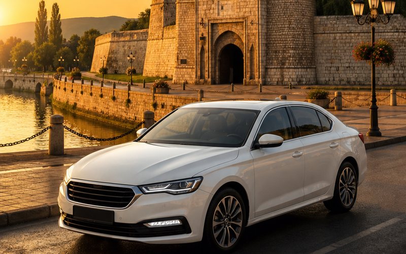 White vehicle in front of Niš Fortress at golden sunset