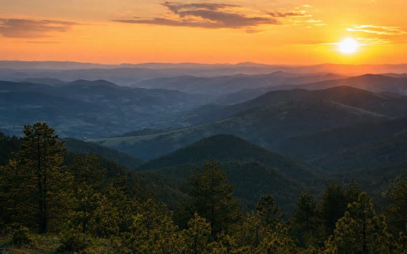 Zlatibor mountain ridges at sunset